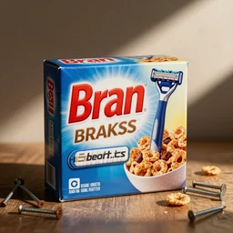 a box of razor razor razor! blade bran flakes breakfast cereal now with rusty nails nails nails hardware and cereal cardboard box