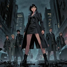 young female detective long tailored overcoat, dress, combat boots, in a dark city in the rain, surreal, comic book, low angle, wide angle, concept art by stuart immonen, warren ellis, rafael albuquerque, shinji aramaki, greg rutkowksi, andrew ferez