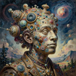 a hyper extravagant and complex painting with almost quantum details of a mojo jojo in with a syndrome that transforms his head and his way of perceiving the universe