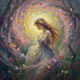 Flower storm portrait of forest nymph, vortex of petals and radiant light, in the style of Craig Mullins, highly detailed palette knife oil painting, thick impasto