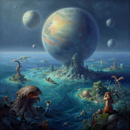 A strange ocean biome and on an alien science-fiction planet, beautiful matte painting, Moebius, frank frazetta, sid mead, james gurney, thomas kinkade, rodney mathews, trending on artstation