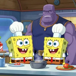 spongebob and thanos cooking in hotel as master chef