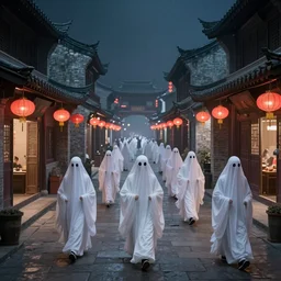 on the night of the chinese new year's day, many chinese ghosts wander in the ancient chinese streets. the guiding line composition method, the tindal effect, the soft light, the cool color, by wu jinyuan, trending on artstation