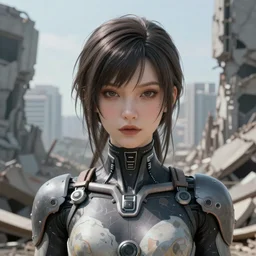 Ultrarealist aesthetic detailed face portrait of a very beautiful dollpunk wearing Abstract tech bodysuit, in front of a ruined city, epic exquisite character art, focus, looking at camera, accurate symmetric features proportions, golden ratio, ultra intricate details, award winning, unreal render