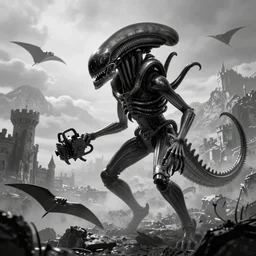 prometheus movie monster, xenomorph, highly detailed background, black and white, unkown city, haze, landscape, castle, 4 k, photograph, tentacles, chainsaw, manta ray, leviathan, distant mountains, clouds