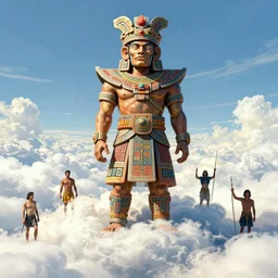 highly detailed illustration of a mayan god standing above the clouds by kilian eng, by moebius!, by oliver vernon, by kyle hotz, by dan mumford