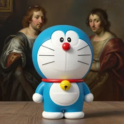a painting of a doraemon ceramic toy, a flemish baroque by dino valls, trending on zbrush central, classical realism, flemish baroque, hyper realism, chiaroscuro
