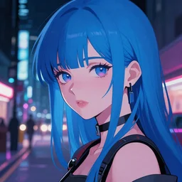 digital illustration closeup of cyberpunk pretty girl with blue hair in city street at night by makoto shinkai, ilya kuvshinov, lois van baarle, rossdraws, basquiat