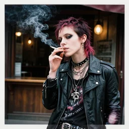 androgynous punk smoking cigarette outside bar, photo iphone