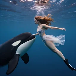gorgeous woman underwater with an orca whale trying to eat her
