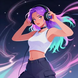 a award winning half body portrait of a beautiful woman with stunning eyes in a croptop and cargo pants with ombre purple pink teal hairstyle dancing while listening to music with headphones on her ears by thomas danthony, surrounded by whirling illuminated lines, outrun, vaporware, shaded flat illustration, digital art, trending on artstation, highly detailed, fine detail, intricate