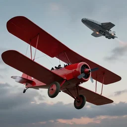 movie still frame, red baron triplane fighting versus starship, cloudy sky at dusk, high resolution, intricate details, beautiful composition, 8 k, cgi, by ridley scott, james cameron, zack snyder and michael bay