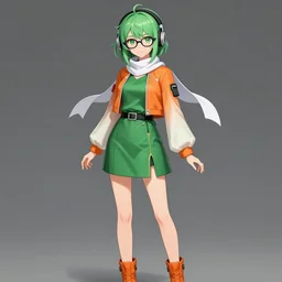 anime is an 1 8 - year - old girl with short green hair and green eyes, dressed in a green top, an orange short jacket with white sleeves, a green skirt with lace in the center on the straps, orange boots and glasses and headphones on her head, a white scarf with a red insert on her neck, anime style, yuuki masami style, elegant, highly detailed, digital painting, artstation, concept art, smooth, sharp focus, illustration, art by yuuki masami