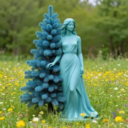 vivid sculpture of a woman mixed with a a blue spruce tree, in a field of wildflowers, covered in cherry blossom flowers. intricate. gradient colors. empty white space exposition. by ueda akishi, beth cavener, ellen jewett, rogers