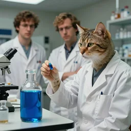 a scientist cat looking at a liquid dietary supplement of vivid blue iridescent liquid, art highly detailed, by frank frazetta, keith parkinson and greg rutkowski and aleksandra skiba, concept art,