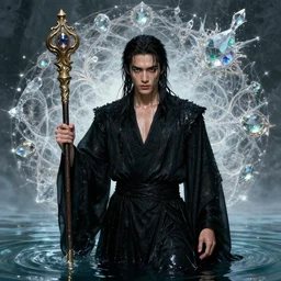 portrait of a beautiful man wearing a black robe, holding a long staff, drenched body, wet dripping hair, emerging from the water, fantasy, regal, fractal crystal, fractal gems, by stanley artgerm lau, thomas kindkade, alphonse mucha, loish, norman rockwell ross tran
