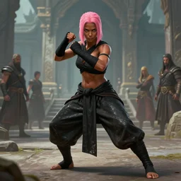 Full body Picture of a female monk, fighter, black bandage on arms, marked muscles, brown skin, short pink hair, brown eyes, detailed face, combat stance, black soggy pants, spiritual, epic fantasy, temple in the background, D&D, by artgerm and Craig Mullins, James Jean, Andrey Ryabovichev, Mark Simonetti and Peter Morbacher, matte painting, trending on artstation, artstationHD, artstationHQ, octane, full HD, 16K