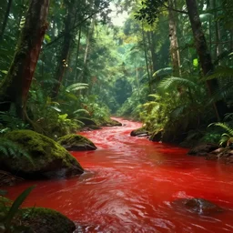 rainforest with a bright red river, artstation, vintage, spotlight