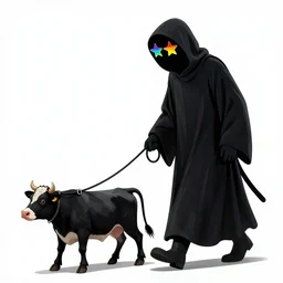 a grim reaper with star shaped rainbow glasses walking a cow on a dog leash on a white background