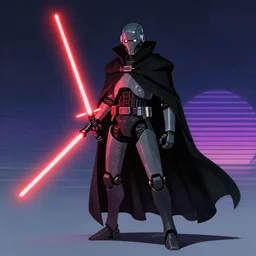 robot character, red lightsaber, space, star wars, retrowave, vaporwave, black cloak, concept art, arstation, award winning art by