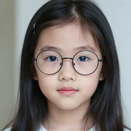 close up photograph of a 2 5 yo girl with long black hair, cute nose, blue eyes and round glasses