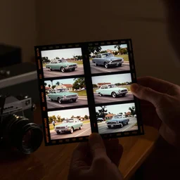 someone holding movie film negatives of a 1 9 6 0's car chase scene, held up to a light in a dimly lit room, extreme detail, real photo, real camera, at 8 k, hd