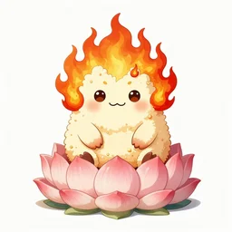 fluffy strange popcorn elemental spirit manga character with a smiling face and flames for hair, sitting on a lotus flower, clean composition, symmetrical