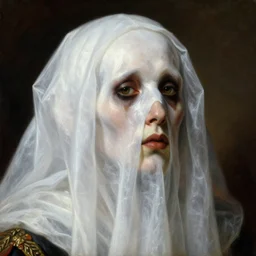 a baroque neoclassicist close - up portrait of a halloween ghost wearing a white liquid sheet. renaissance portrait. highly detailed science fiction horror painting by norman rockwell, frank frazetta, and syd mead. rich colors, high contrast, gloomy atmosphere, dark background. artstation