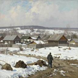 russian village in spring with snow and mud, in style of Savrasov,
