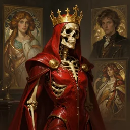 A red Skeleton, golden crown, male, fantasy, extremely detailed, digital painting, artstation, concept art, smooth, sharp focus, illustration, stunning lighting, art by artgerm and greg rutkowski and alphonse mucha and simon stalenhag, realistic character concept, high fantasy, dark atmosphere, golden ratio, cinematic lighting, hyperdetailed, high resolution, insanely detailed and intricate, artstation, Marc Simonetti, Greg Rutkowski, 8k