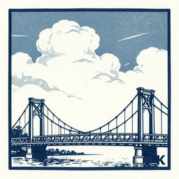 small steel suspension bridge built in 1 9 2 8, side view, puffy clouds in background, woodcut style stamp, 8 k