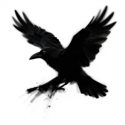 low - poly stylized concept tattoo sketch. black silhouette of a flying raven with paint streaks, white background - n 4