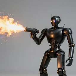 a humanoid black metallic robot firing from a flamethrower and napalm, film footage, porta 4 0 0 golden, epic burst of fire, cinematic contrast shot, amoled, cinematic lighting, volumetric light, volumetric, ray traced