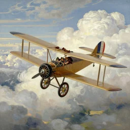 a sopwith camel flying over the cloudscape, 8 k, matte painting, in the style of greg simkins and leonardo da vinci and bouguereau,