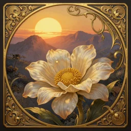 A flower is the sun and it is setting behind a mountain landscape , D&D, fantasy, intricate, elegant, highly detailed, digital painting, artstation, concept art, matte, sharp focus, illustration, hearthstone, art by Artgerm and Greg Rutkowski and Alphonse Mucha