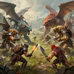 a battle of creatures and humans , digital Art, Greg rutkowski, Trending artstation,cinematic