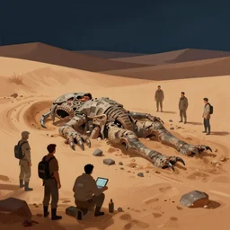 concept art by jama jurabaev, cel shaded, cinematic shot, trending on artstation, high quality, brush stroke, silent night, the research team is investigating the remains of an ancient monster buried in the desert