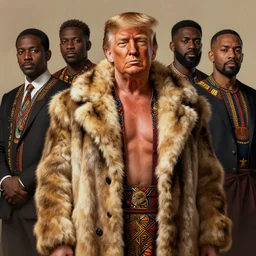formal portrait. president trump wearing hyena fur coat, painted bare chest. digital art by eugene de blaas, ross tran, and nasreddine dinet, traditional african color scheme, intricately detailed, in the style of romanticism. artstation, greg rutkowski