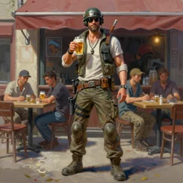 a realistic hyperdetailed multi - colored digital oil full body portrait painting of a man playing warzone outside at a restaurant, beer in hand, in the style of guy denning, ruan jia, and craig mullins. trending on artstation and deviantart. cgsociety digital art.