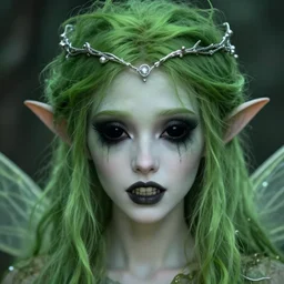 A portrait of an eerie fairie queen | Sharp teeth | Pitch black eyes | Green plant-like hair | Silver circlet on brow | Trending on artstation