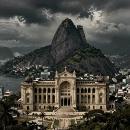 rio de janeiro being rebuilt as mesopotamian architecture. dark, atmospheric, stormy weather, gustave dore, italy 1 8 1 6