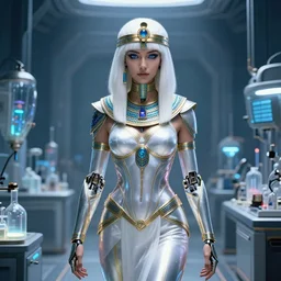 perfect white haired attractive egyptian goddess, warframe armor, beautiful, symmetric, dreamy, half asian, pretty face, blue eyes, joanna lumley, detailed, scifi platform, laboratory, experiment, 4 k, ultra realistic, epic lighting, android body, illuminated, cinematic, masterpiece, art by akihito tsukushi, voidstar