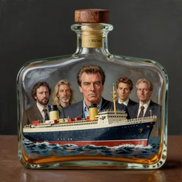 a ship in a bottle but instead of a ship it is jack nicholson in the bottle, jack nicholson, whiskey bottle, masterpiece painting by artgerm, ruan jia, jakub rebelka, tom bagshaw