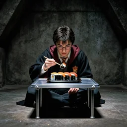 Harry potter film, a scene where Harry Potter eating in a Concrete wall basement, Sushi is placed on a small aluminum table placed in the center, Dark cinematic color tones.