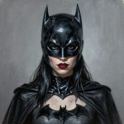 realistic portrait beautiful painting of BatGirl mutate into a Slender girl. Horror, created by Thomas Kinkade.