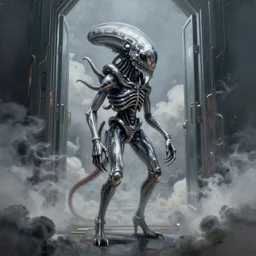 ultra realist and ultra intricate detailed soft painting of a chrome xenomorph, standing in a futuristic doorway, sensual gloomy style, volumetric clouds, artstation, unreal render, depth of field