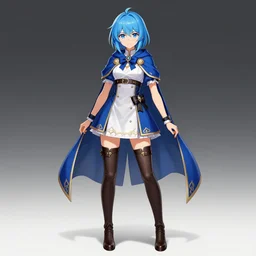 female alchemist with short blue hair wearing a short dress, stockings, leather boots and cape, character art from Bravely Default 2, jRPG character art, digital art, full body, high quality,