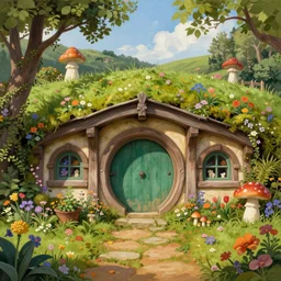A beautiful digital painting of a hobbit house covered in flowers, mushrooms and moss with a door and windows and a front path and garden in the shire by Stanley Artgerm Lau, frank frazetta, Rossdraws, James Jean, gerald brom, Andrei Riabovitchev, Marc Simonetti, and Sakimichan, trending on artstation, SFW version