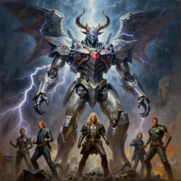 a giant statue of baphomet mecha, lightning, tim hildebrandt, wayne barlowe, bruce pennington, donato giancola, trending on artstation, cinematic composition, beautiful lighting, hyper detailed, 8 k, oil on canvas