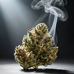 photo of a single cannabis bud, wispy white smoke rising from buds, Smithsonian Magazine photography, light rays, professional studio photographer, Magical Realism